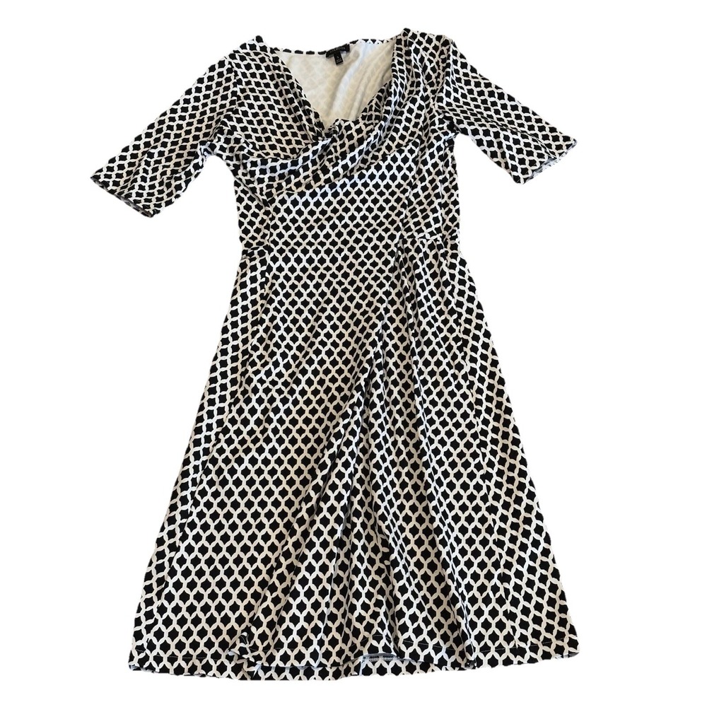 Talbots Womens S Black & White Honeycomb Print Knee Length Draped Dress‎ Stretch
